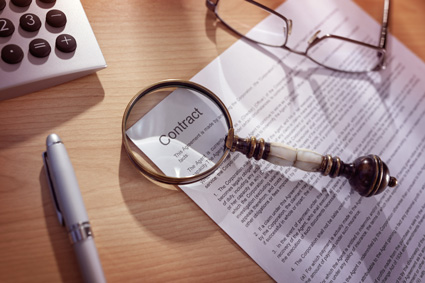 A magnifying glass is laid on top of a merchant processing contract representing how you need to review the fine print when selecting a high-risk merchant processor for your business.